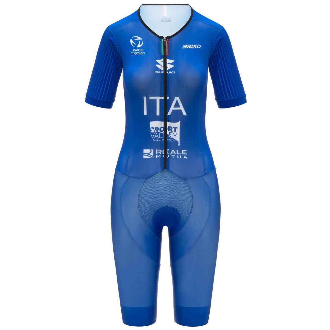 Combinaison de triathlon bleue pour femme, coupe aérodynamique 01